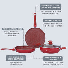 Load image into Gallery viewer, Ruby Plus Cookware Set, 4pc (Dosa Tawa, Fry Pan, Kadhai with Lid), Induction Friendly, Virgin Aluminum,  PFOA/Heavy metal free, 2 Years Warranty,  Dark Red