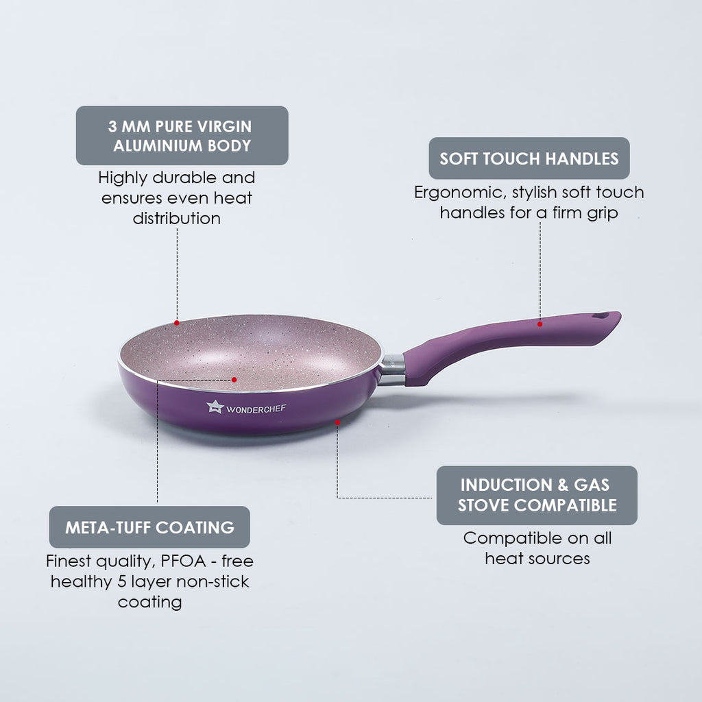 Royal Velvet Non-Stick 26 cm Fry Pan with Induction Bottom & Soft-Touch Handle | Virgin Grade Aluminium | PFOA & Heavy Metals Free | 3 mm thick | 2.1 litres | 2 Years Warranty | Purple