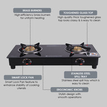 Load image into Gallery viewer, Ruby 2 Burner Glass Cooktop, Black Toughened Glass with 1 Year Warranty, Ergonomic Knobs, Heat-Efficient Brass Burners, Stainless-steel Spill Tray, Manual Ignition