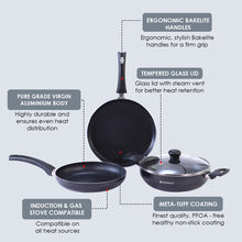 Load image into Gallery viewer, Platinum Plus Non-stick Cookware Set, 4Pc (Kadhai with Lid, Fry Pan, Dosa Tawa), Induction Bottom, Cool-touch Bakelite Handle, Pure Grade Aluminium, PFOA/Heavy Metals Free, 1 Year Warranty, Black