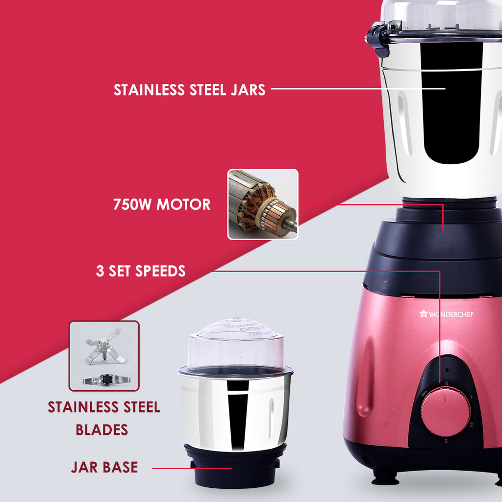Vietri Mixer Grinder 750W with 3 Thick Steel Jars, Stainless Steel Sharp Blades, Secure Lid, 3 Speed Settings, 5 years Warranty on Motor, Black & Red