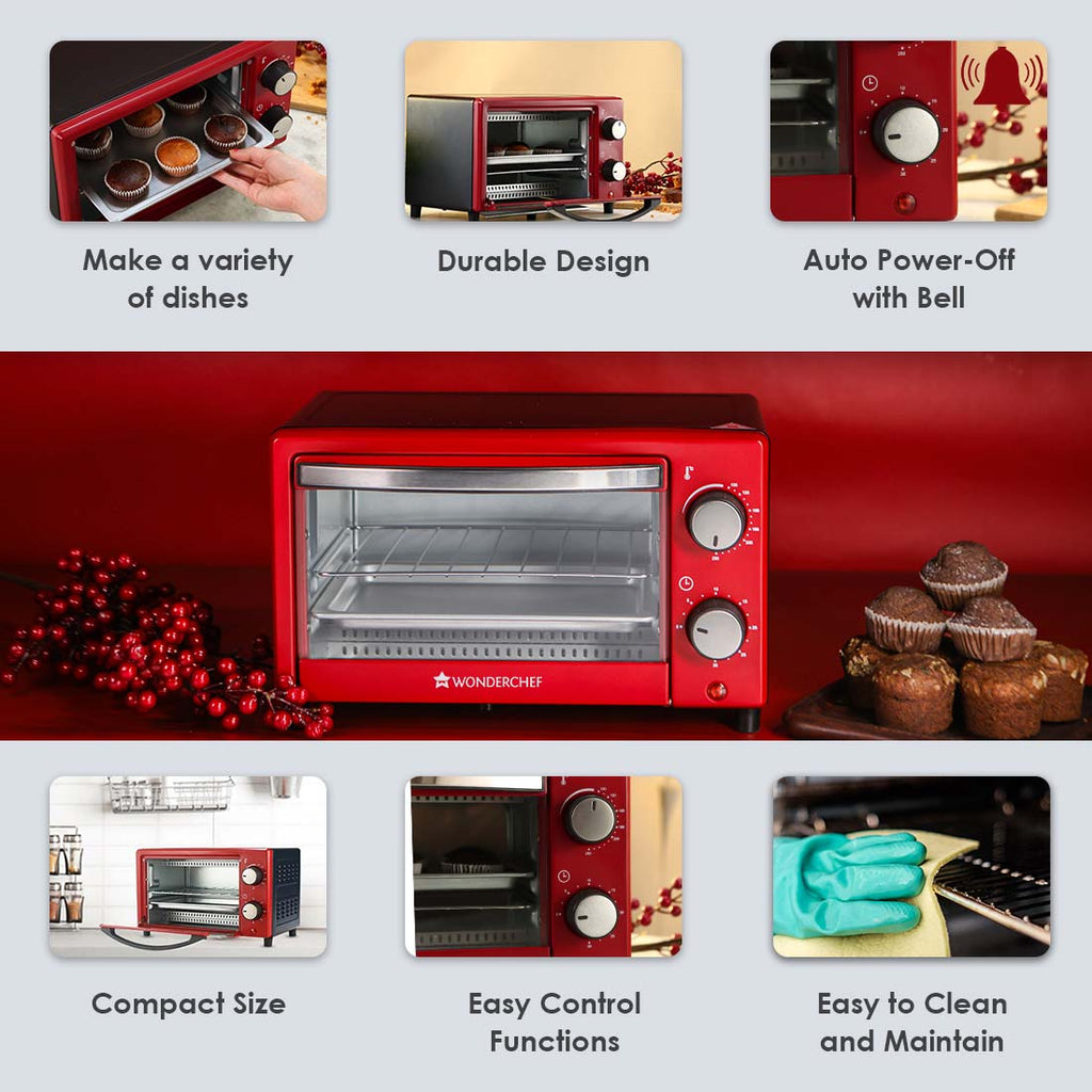 Oven Toaster Griller (OTG) Crimson Edge - 9 Litres - with Auto-shut Off, Heat-resistant Tempered Glass, Multi-stage Heat Selection, 2 Years Warranty, 650W, Red
