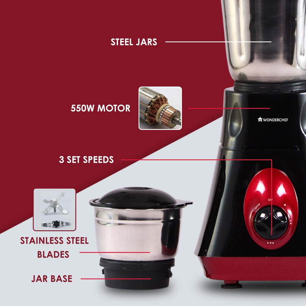 Vietri Mixer Grinder, 550W with 3 Anti-rust Stainless Steel Jars and Blades, 3-speed Knob, Anti-skid Feet, 5 Years Warranty on Copper Armature Motor, Black & Red
