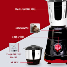 Load image into Gallery viewer, Ruby Mixer Grinder With 3 Jars and Anti-Rust Stainless Steel Blades, Ergonomic Handles, 550W, 5 Years Warranty, Red and Black