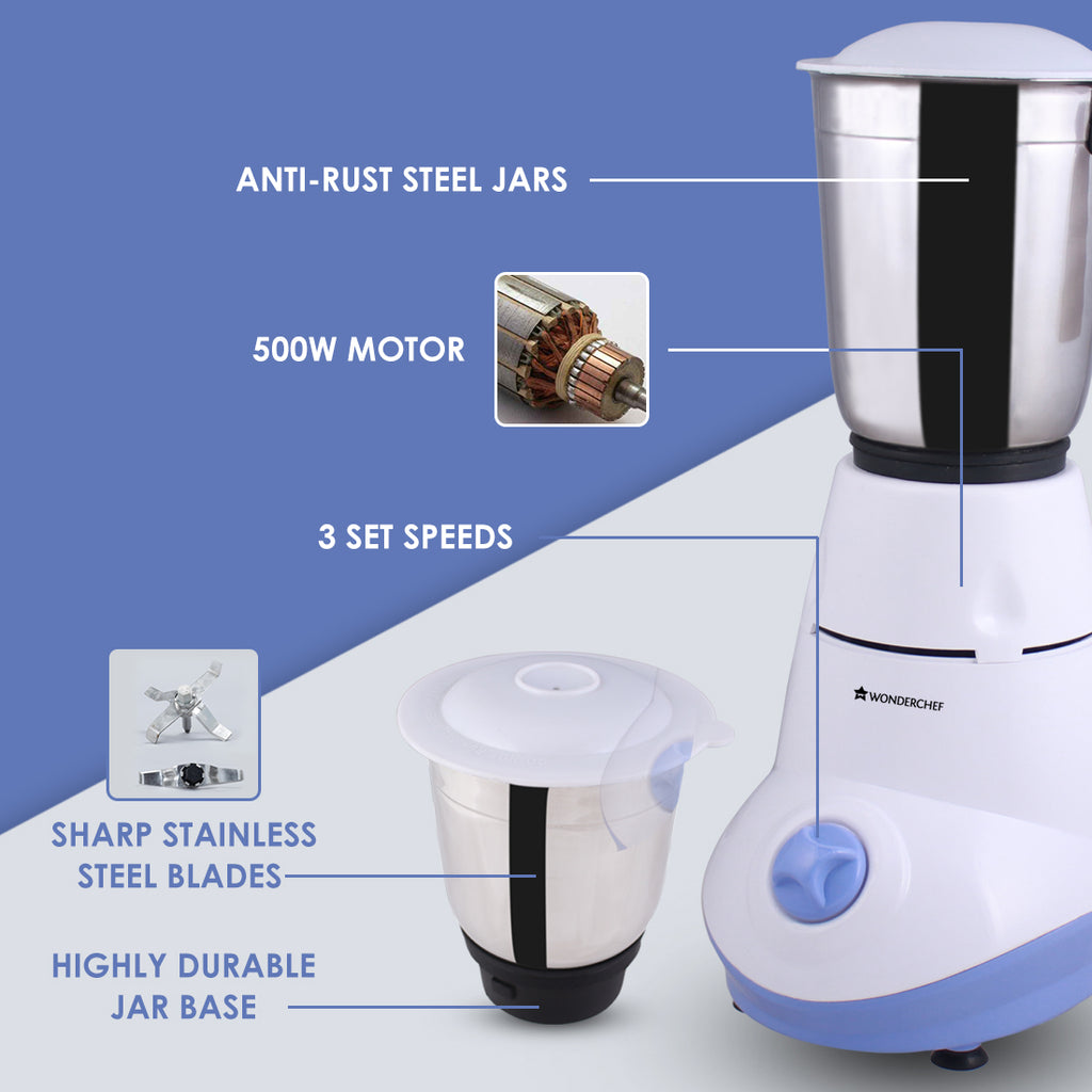 Capri Mixer Grinder 550W With 3 Stainless Steel Jars (White & Blue)