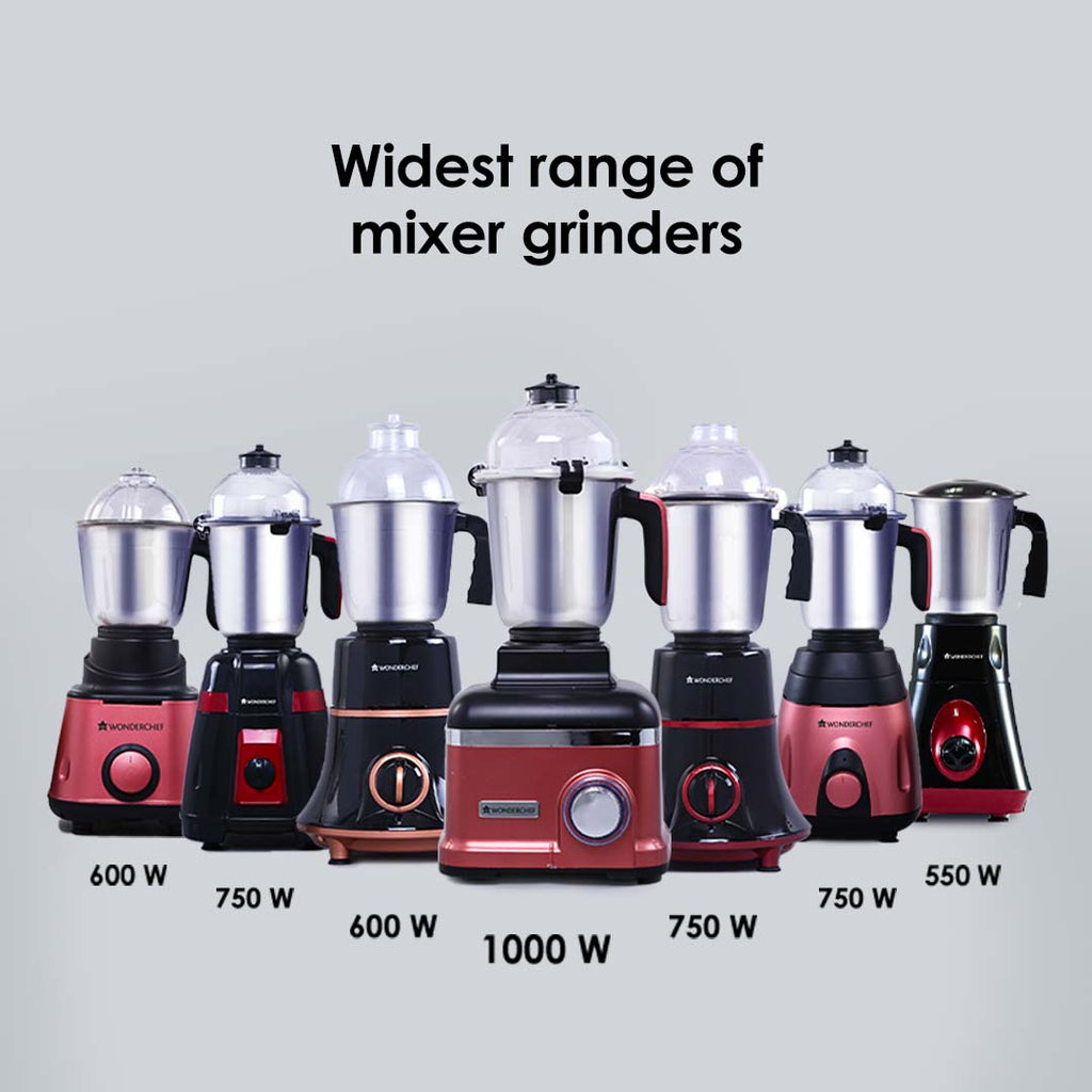 Ruby Mixer Grinder With 3 Jars and Anti-Rust Stainless Steel Blades, Ergonomic Handles, 550W, 5 Years Warranty, Red and Black