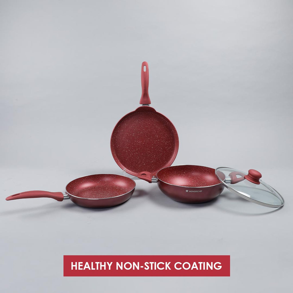 Garnet Non-Stick Cookware Set of 4 | Kadhai with Glass Lid 24cm, Fry Pan 24cm & Dosa Tawa 28cm | Induction Friendly cookware | Soft Touch Handle | Pure Grade Aluminium | PFOA Free | 2 Year Warranty | Red