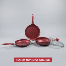 Load image into Gallery viewer, Garnet Non-Stick Cookware Set of 4 | Kadhai with Glass Lid 24cm, Fry Pan 24cm &amp; Dosa Tawa 28cm | Induction Friendly cookware | Soft Touch Handle | Pure Grade Aluminium | PFOA Free | 2 Year Warranty | Red