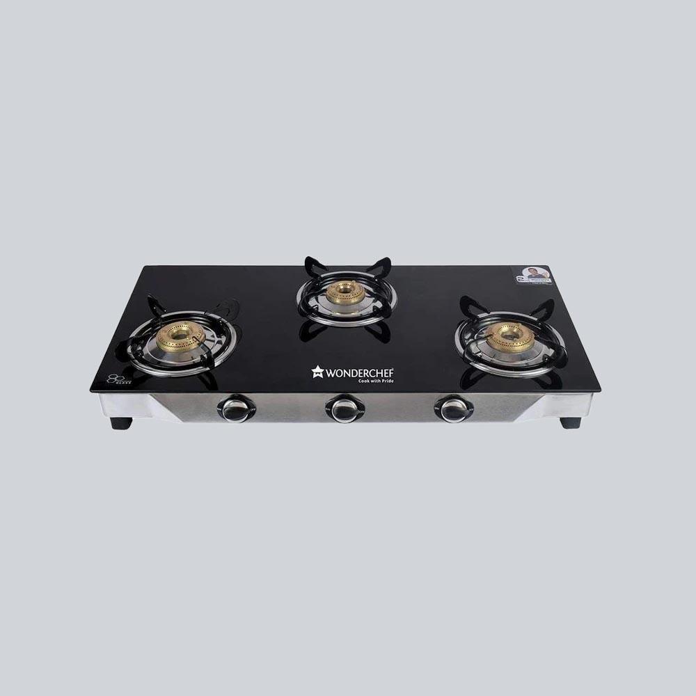 Ruby 3 Burner Glass Cooktop,  Black Toughened Glass with 1 Year Warranty, Ergonomic Knobs, Efficient Brass Burners, Stainless-steel Spill Tray, Manual Ignition