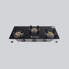 Load image into Gallery viewer, Ruby 3 Burner Glass Cooktop,  Black Toughened Glass with 1 Year Warranty, Ergonomic Knobs, Efficient Brass Burners, Stainless-steel Spill Tray, Manual Ignition