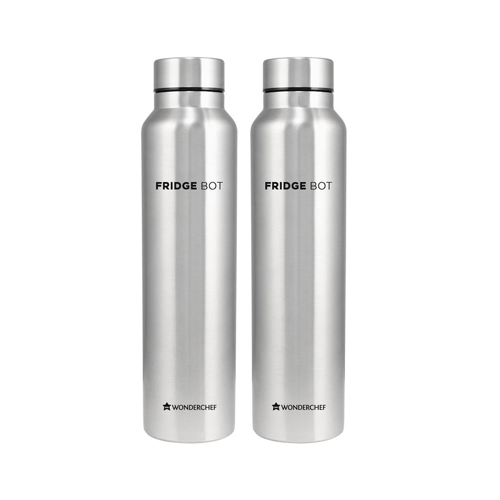 Stainless Steel Fridge-bot 1000 ml Each | Pack of 2 | Gift Box Packing | Single wall | Non-insulated | 304 Stainless Steel | Non Toxic | BPA free | Rust Free | Spill and Leak proof | Light weight | For Home & Office | Wide Mouth | 2 Years Warranty