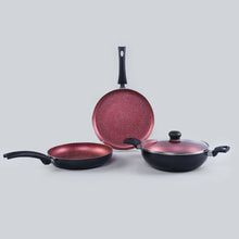 Load image into Gallery viewer, Sigma Non-stick Cookware Set, 4Pc (Kadhai with Lid, Dosa Tawa, Fry Pan), Induction Bottom, Cool Touch Bakelite Handles, Virgin Aluminium, PFOA Free, 2 Years Warranty, Red and Black