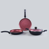 Sigma Non-stick Cookware Set, 4Pc (Kadhai with Lid, Dosa Tawa, Fry Pan), Induction Bottom, Cool Touch Bakelite Handles, Virgin Aluminium, PFOA Free, 2 Years Warranty, Red and Black