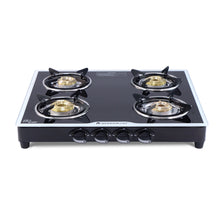 Load image into Gallery viewer, Platinum 4 Burner Manual Glass Cooktop | 6mm Toughened Glass Cooktop | Stainless Steel Drip tray | Anti-Skid Legs | Large Pan support | Manual Ignition | Black steel frame | 2 Year Warranty | Black