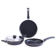 Load image into Gallery viewer, Platinum Plus Non-Stick Cookware Set of 4 | Kadhai with Glass Lid 24cm, Fry Pan 24cm &amp; Dosa Tawa 25cm | Cool-Touch Bakelite Handle | Pure Grade Aluminium | PFOA Free | 1 Year Warranty | Black