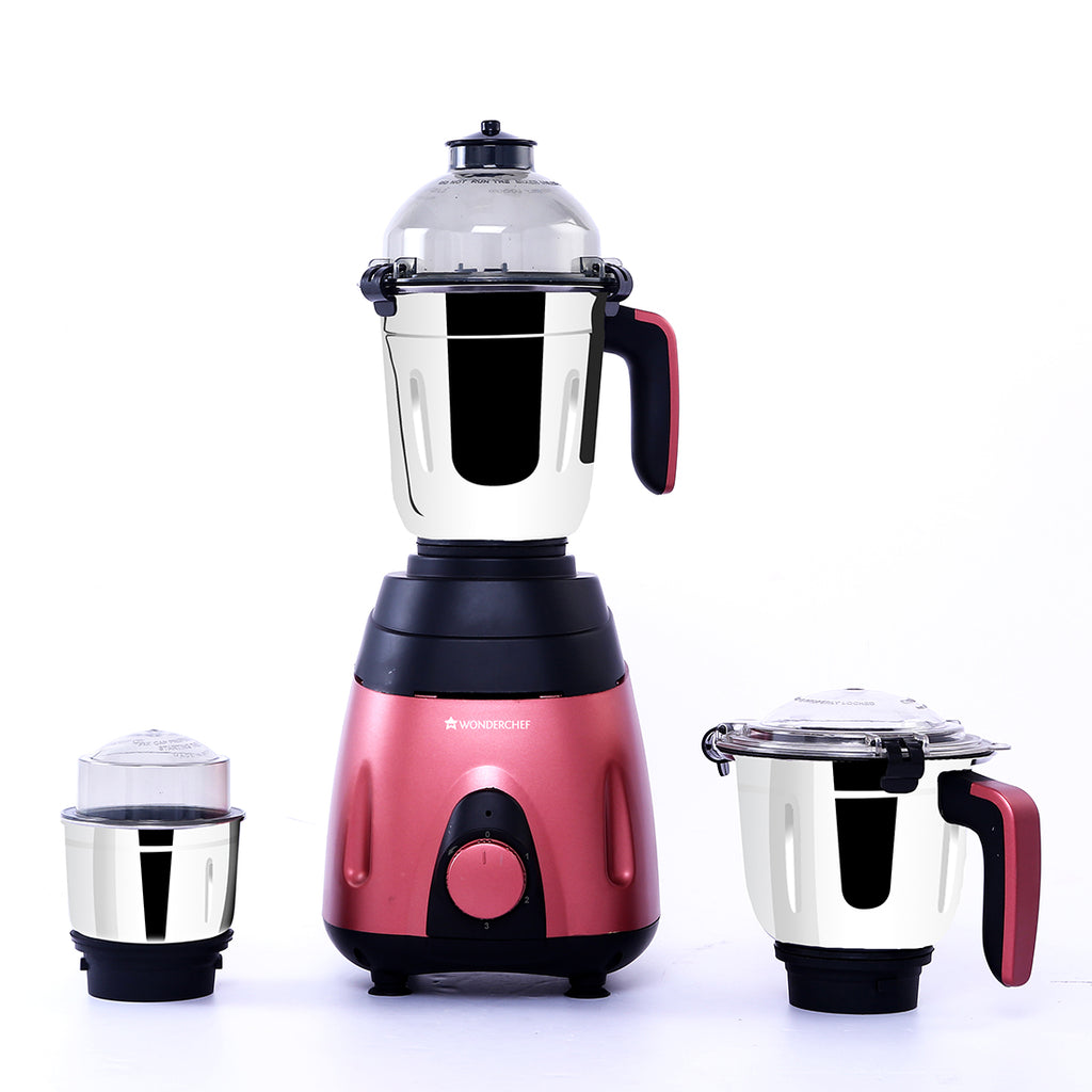 Vietri Mixer Grinder 750W with 3 Thick Steel Jars, Stainless Steel Sharp Blades, Secure Lid, 3 Speed Settings, 5 years Warranty on Motor, Black & Red