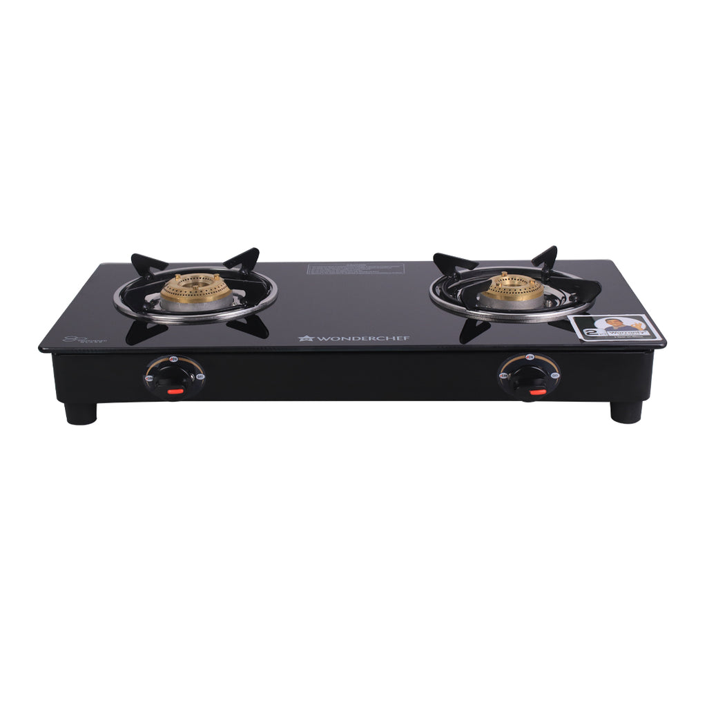 Ruby 2 Burner Glass Cooktop, Black Toughened Glass with 1 Year Warranty, Ergonomic Knobs, Heat-Efficient Brass Burners, Stainless-steel Spill Tray, Manual Ignition