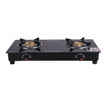 Load image into Gallery viewer, Ruby 2 Burner Glass Cooktop, Black Toughened Glass with 1 Year Warranty, Ergonomic Knobs, Heat-Efficient Brass Burners, Stainless-steel Spill Tray, Manual Ignition