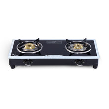 Load image into Gallery viewer, Platinum 2 Burner Glass Cooktop, Black 6mm Toughened Glass with 1 Year Warranty, Ergonomic Knobs, Stainless Steel Drip Tray, Manual Ignition Gas Stove