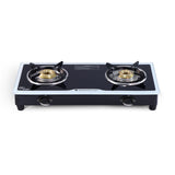Platinum 2 Burner Glass Cooktop, Black 6mm Toughened Glass with 1 Year Warranty, Ergonomic Knobs, Stainless Steel Drip Tray, Manual Ignition Gas Stove