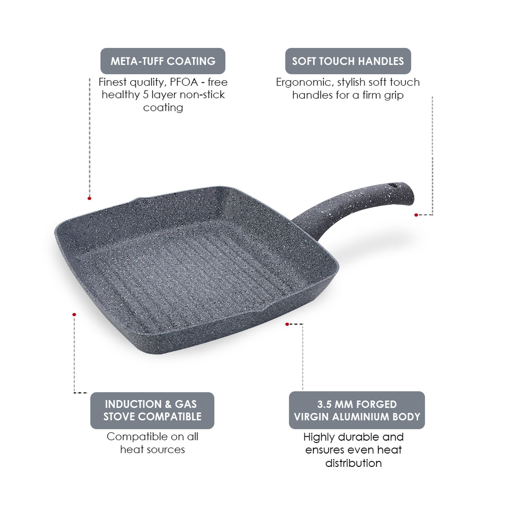 Granite 20 cm Non-Stick Grill Pan | Soft-Touch Handles | Virgin Grade Aluminium | PFOA & Heavy Metals Free | 3.5 mm thickness | Grill Pan Non-Stick | 1.35 liters | 2 Years Warranty | Grey