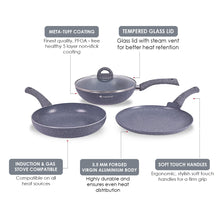 Load image into Gallery viewer, Granite Non-stick Cookware Set, 4Pc (Fry Pan with Lid, Wok, Dosa Tawa), Induction Bottom, Soft-touch Handles, Virgin Grade Aluminium, PFOA/Heavy metals free, 3.5mm, 2 years warranty, Grey