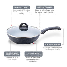 Load image into Gallery viewer, Granite 26cm Non-Stick Wok | Glass Lid | Induction Bottom | Soft-Touch Handles | Virgin Aluminium | PFOA and Heavy Metals Free | 3.5mm Thick| 26cm, 3.1 litres | 2 Year Warranty | Grey