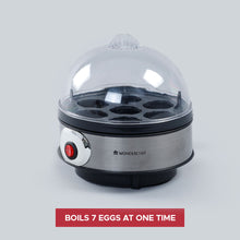 Load image into Gallery viewer, Instant Electric Egg Boiler with 7 Egg Poachers|3 Boiling Modes, Soft, Medium, Hard| Auto Shut Off Technology| Non-stick Egg Rack, Transparent Lid, Stainless Steel Body &amp; Heating Plate, Steamer Rack| Alarm| Easy &amp; Quick Operation| Black| 2 Year Warranty