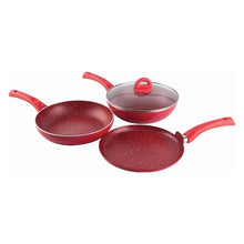 Load image into Gallery viewer, Granite Non-stick Cookware Set, 4Pc (Frying Pan With Lid, Wok, Dosa Tawa), Induction Bottom, Pure Grade Aluminium, PFOA, 3.5mm, 2 Years Warranty, Red