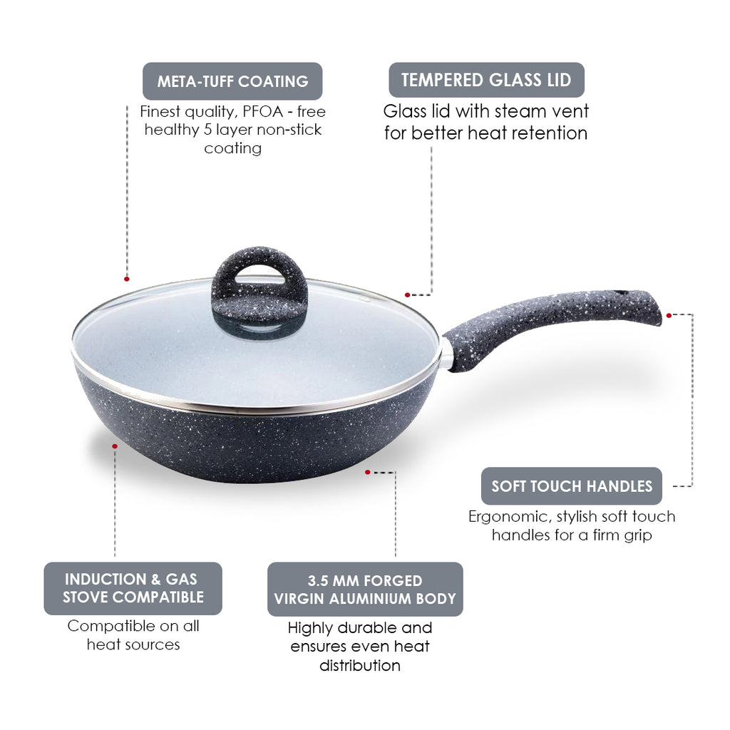 Granite 24 cm Non-Stick Wok | Glass Lid | Induction Bottom | Soft-Touch Handles | Virgin Aluminium | PFOA and Heavy Metals Free | 3.5mm Thick| 24cm, 2.7 litres | 2 Year Warranty | Grey
