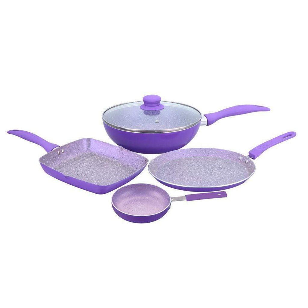 Celebration  Aluminum Non-Stick Cookware 5 pc Set | Kadhai with Glass Lid 24cm, Grill Pan 24cm, Dosa Tawa 28cm, Mini Fry Pan 12cm  | Induction Bottom | Soft Touch Handles | Pure Grade Aluminium | PFOA Free | 2 Year Warranty | Purple