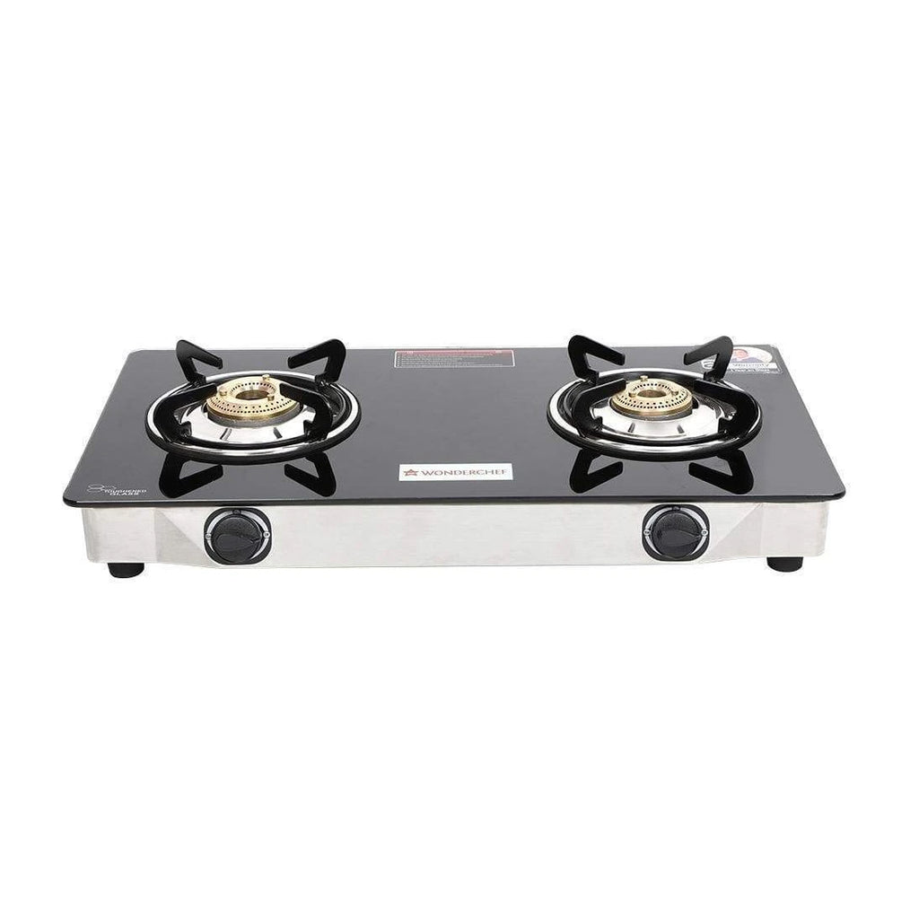 Ruby 2 Burner Glass Cooktop,  Black 7mm Toughened Glass with 1 Year Warranty, Ergonomic Knobs, Efficient Brass Burners, Stainless-steel Spill Tray, Manual Ignition