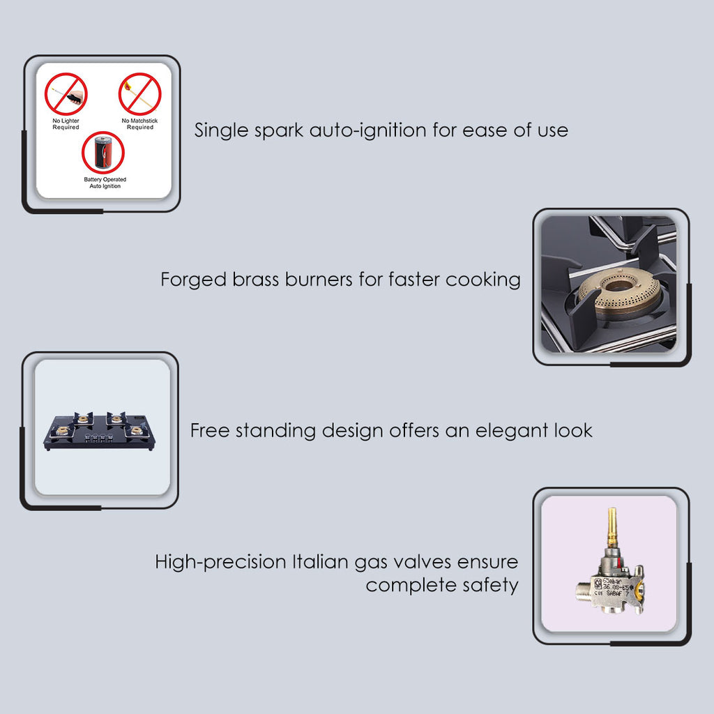 Octavia 4 Burner Glass Hob Top Auto Cooktop | 8mm Toughened Glass | Auto Ignition | Forged Brass Burners | Stainless Steel Drip Tray | Anti-Skid Legs | Large & Heavy Pan support | LPG compatible | Black steel frame | 2 Year Warranty | Black