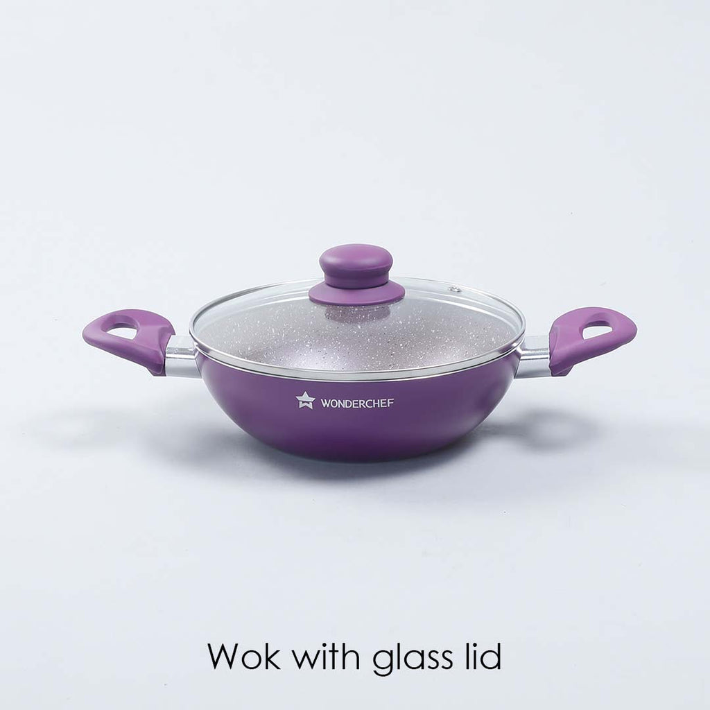 Royal Velvet 20 cm Non-Stick Wok with Lid and Induction Bottom | Soft-Touch Handle | Virgin Grade Aluminium | PFOA and Heavy Metals Free | 3 mm thick | 1.4 litres | 2 Years Warranty | Purple