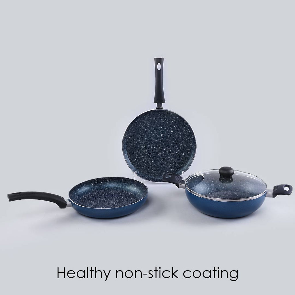 Sigma Non-stick Cookware Set, 4Pc (Kadhai with Lid, Dosa Tawa, Fry Pan), Induction Bottom, Cool Touch Bakelite Handles, Virgin Aluminium, PFOA Free, 2 Years Warranty, Midnight Blue