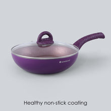 Load image into Gallery viewer, Granite Non-Stick Wok | Glass Lid | Induction Bottom | Soft-Touch Handles | Virgin Aluminium | PFOA and Heavy Metals Free | 3.5mm Thick| 24cm, 2.7 litres | 2 Year Warranty | Purple