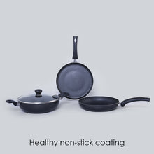 Load image into Gallery viewer, Platinum Plus Non-stick Cookware Set, 4Pc (Kadhai with Lid, Fry Pan, Dosa Tawa), Induction Bottom, Cool-touch Bakelite Handle, Pure Grade Aluminium, PFOA/Heavy Metals Free, 1 Year Warranty, Black