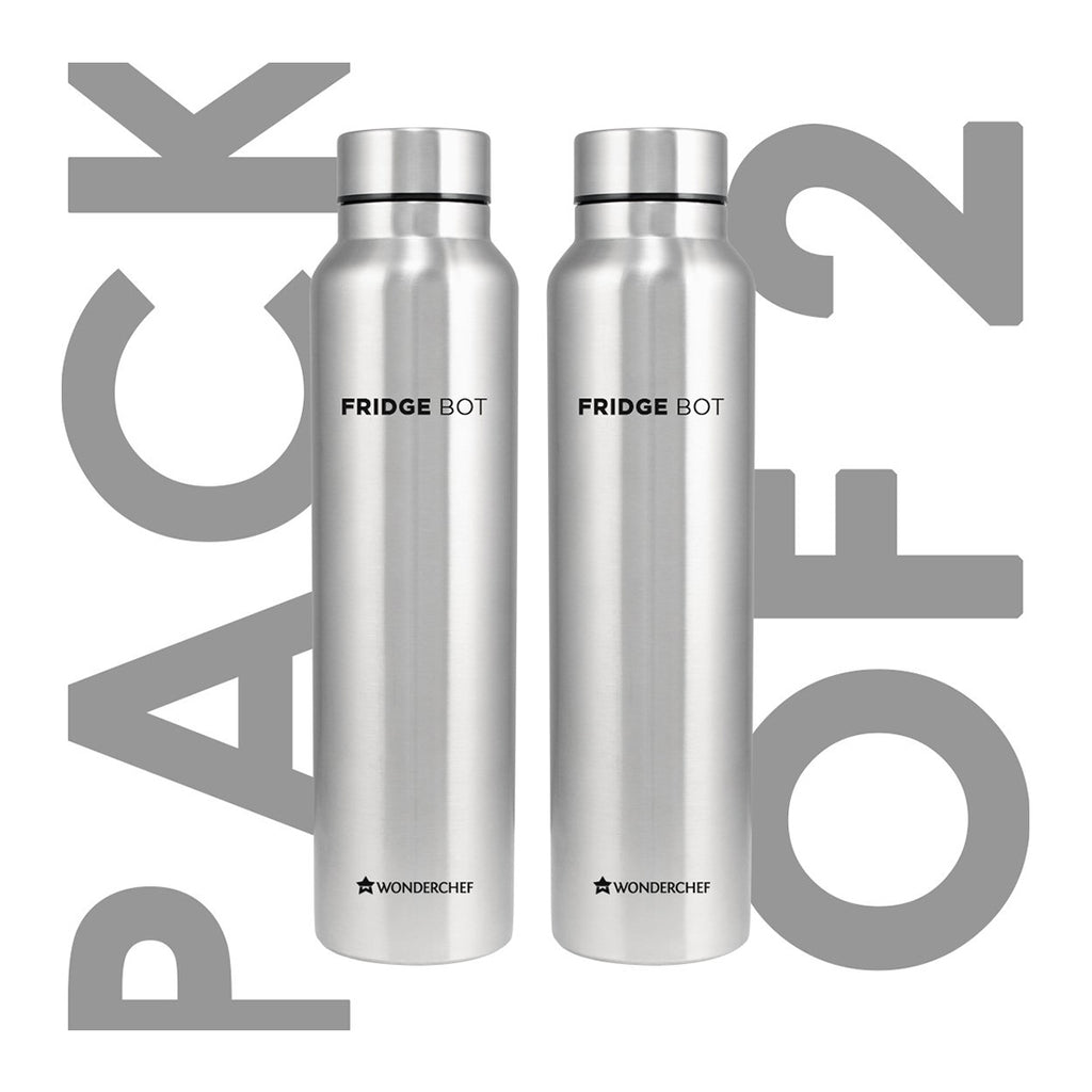 Stainless Steel Fridge-bot 1000 ml Each | Pack of 2 | Gift Box Packing | Single wall | Non-insulated | 304 Stainless Steel | Non Toxic | BPA free | Rust Free | Spill and Leak proof | Light weight | For Home & Office | Wide Mouth | 2 Years Warranty