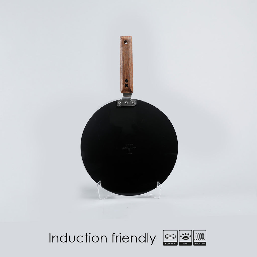 Ebony 28 cm Roti Tawa | Induction Bottom | Wooden Handle| Hard Anodized Aluminium | Non Stick Tawa | 4.06 mm| 5 Years Warranty | Black