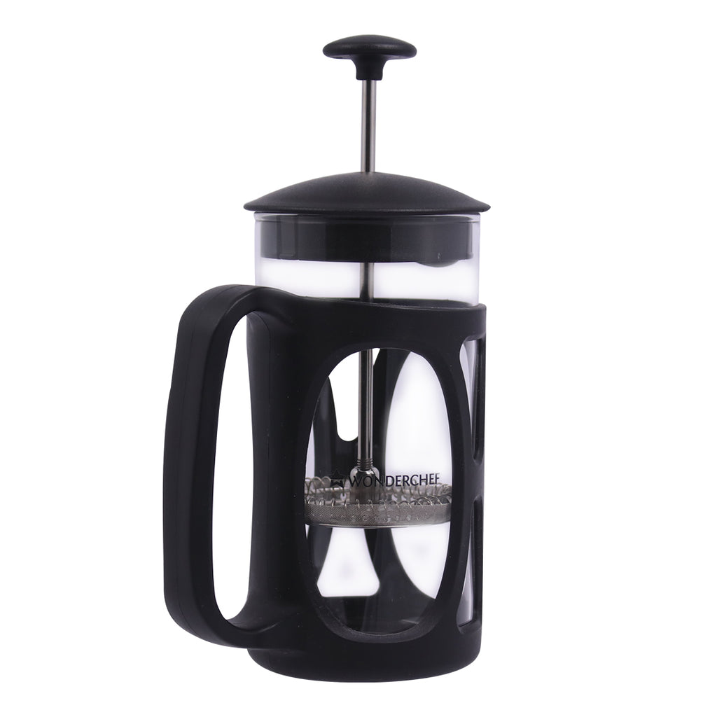 French Press Coffee & Tea Maker 350 ml|Premium Heat Resistant Borosilicate Glass Carafe|4 Level Filtration System|Stainless Steel Plunger with Mesh|Perfect for Coffee Brew Enthusiasts|1-2 Cups of Coffee|Brews in Just 3 Minutes|Black|1 Year Warranty