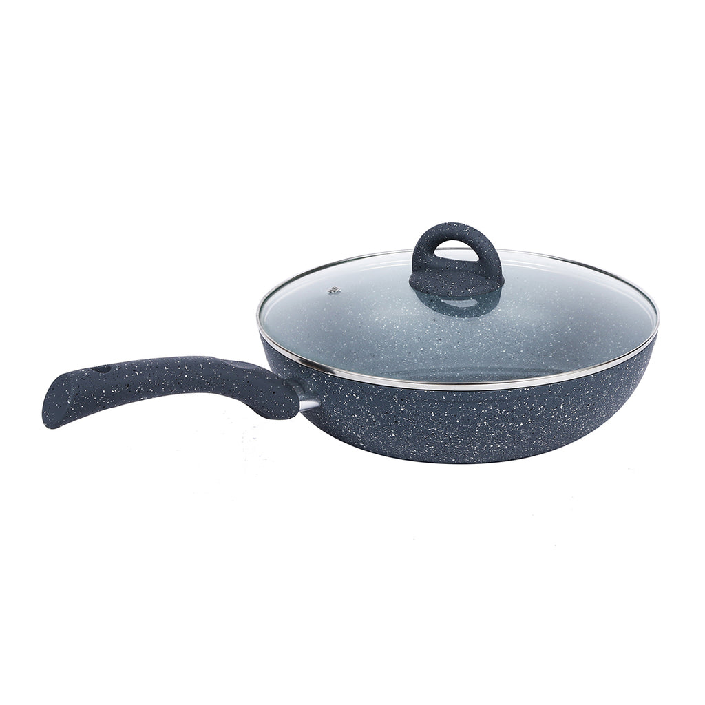 Granite 26cm Non-Stick Wok | Glass Lid | Induction Bottom | Soft-Touch Handles | Virgin Aluminium | PFOA and Heavy Metals Free | 3.5mm Thick| 26cm, 3.1 litres | 2 Year Warranty | Grey