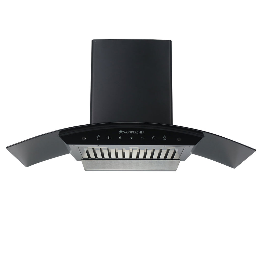Ultima 90cm 1200 m3/hr Auto Clean Curved Glass Chimney | Baffle Filter | 1200M3/Hr powerful suction | Touch + 3 speed Motion Sensor control | Low Noise | 7 Year Warranty on Motor | 1 Year Comprehensive Warranty on Product | Black