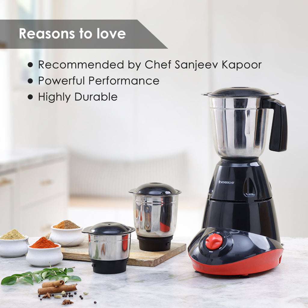 Capri Mixer Grinder 750W, 3 Stainless Steel Jars, Black & Red, 5 Years Warranty