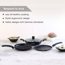 Load image into Gallery viewer, Platinum Plus Non-stick Cookware Set, 4Pc (Kadhai with Lid, Fry Pan, Dosa Tawa), Induction Bottom, Cool-touch Bakelite Handle, Pure Grade Aluminium, PFOA/Heavy Metals Free, 1 Year Warranty, Black