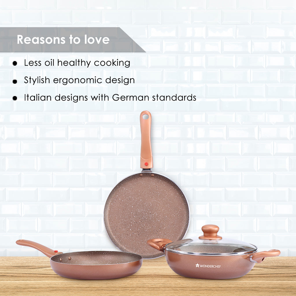 Ruby Plus 24 cm Cookware Set Bronze, Kadhai with Lid, Fry Pan, Dosa Tawa, Non-stick set of 4, Induction use, Tempered Glass Lid,