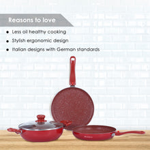 Load image into Gallery viewer, Ruby Plus Cookware Set, 4pc (Dosa Tawa, Fry Pan, Kadhai with Lid), Induction Friendly, Virgin Aluminum,  PFOA/Heavy metal free, 2 Years Warranty,  Dark Red
