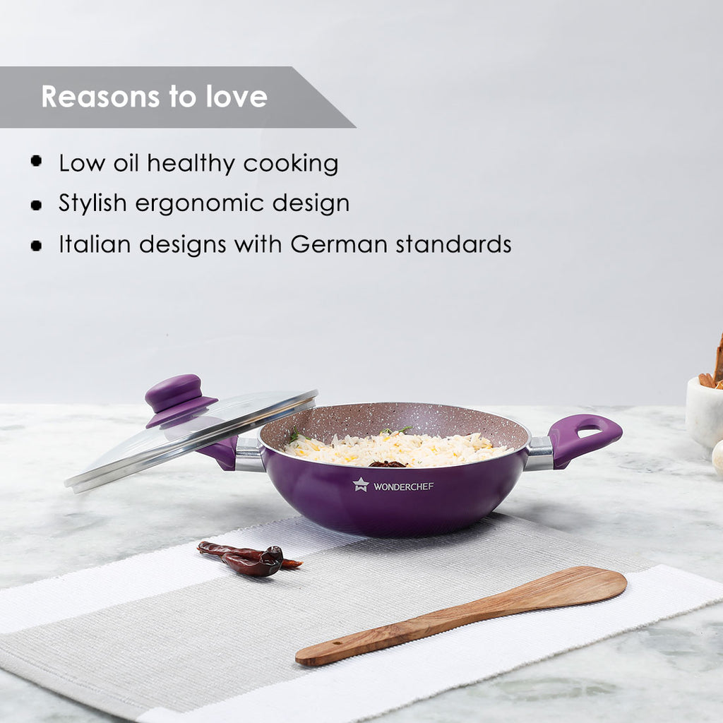 Royal Velvet 20 cm Non-Stick Wok with Lid and Induction Bottom | Soft-Touch Handle | Virgin Grade Aluminium | PFOA and Heavy Metals Free | 3 mm thick | 1.4 litres | 2 Years Warranty | Purple
