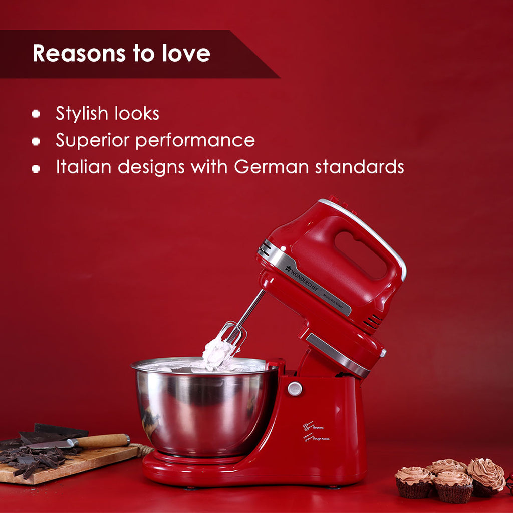 Crimson Revo Stand Mixer and Beater with 5 Speed Settings | Rotating Head Technology | 4.5L SS Bowl | 300 Watt Powerful Copper Motor | Mixing Beater, Dough Hook Attachments & Spatula | Ideal for Home Cooks & Professional Bakers |  2 Year Warranty | Red