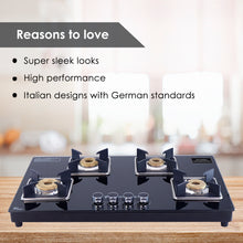 Load image into Gallery viewer, Octavia 4 Burner Glass Hob Top Auto Cooktop | 8mm Toughened Glass | Auto Ignition | Forged Brass Burners | Stainless Steel Drip Tray | Anti-Skid Legs | Large &amp; Heavy Pan support | LPG compatible | Black steel frame | 2 Year Warranty | Black