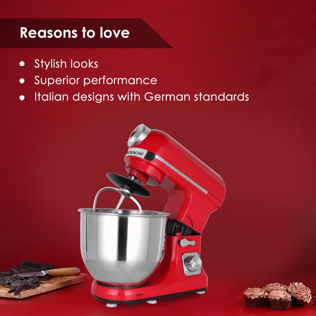 Crimson Edge Die-Cast Metal Kitchen Stand Mixer and Beater with 6 Speed Settings | Pasta Attachments | 1000 W Powerful Copper Motor | 5 L SS Bowl | Includes Whisking Cone, Mixing Beater, Dough Hook Attachments & Splash Guard | 3 Year Warranty | Red